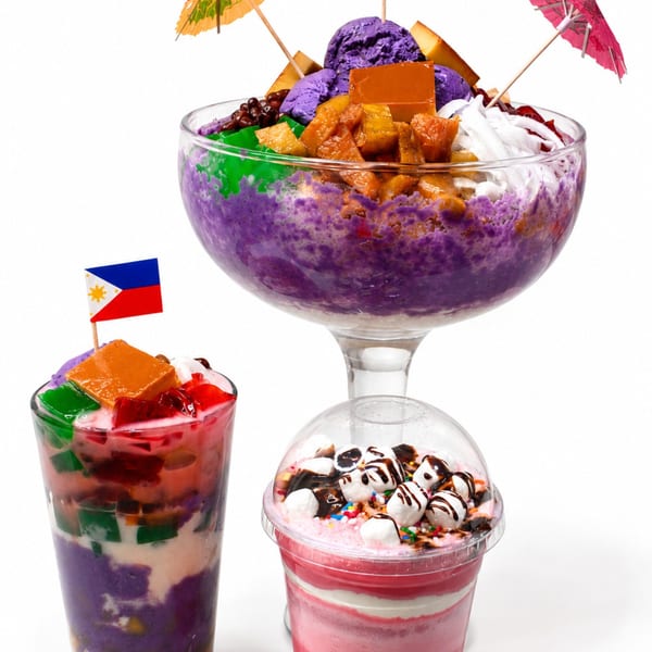 Three colorful Filipino desserts: halo-halo in a large glass, a smaller halo-halo, and a pink milkshake.